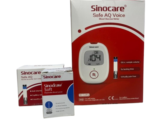 A Sinocare Safe AQ Voice Blood Glucose Meter kit with test strips and lancets displayed in packaging.