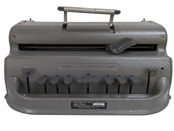 Perkins Brailler, a gray device with six Braille input keys andaspacebar