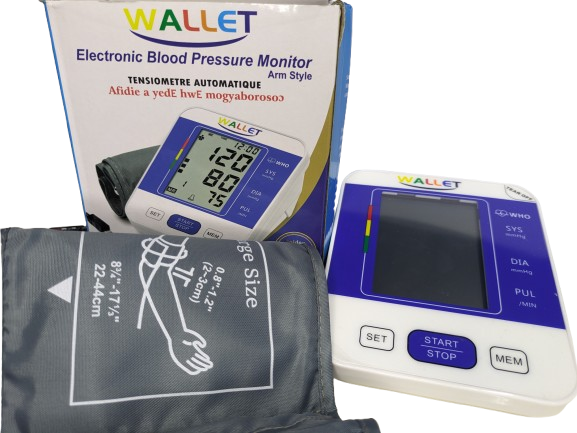 Electronic blood pressure monitor with a digital display and control buttons, accompanied by a black adjustable cuff and a packaging box showing product features and illustrations.