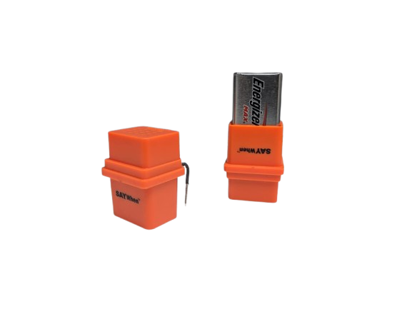 Orange battery-powered liquid level indicator with a clip, shown with and without the battery inserted, designed to help monitor liquid levels in containers