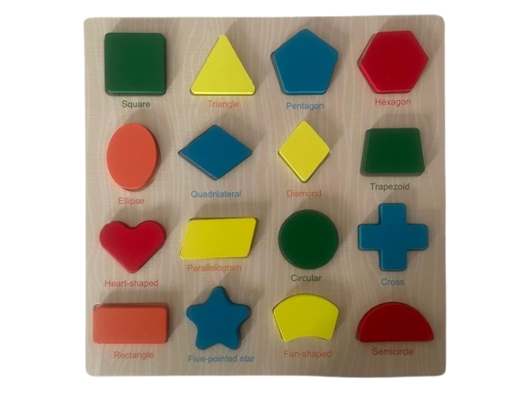Wooden educational shape puzzle board with 16 colorful 3D shapes including rectangle, heart, ellipse, square, star, parallelogram, quadrilateral, triangle, fan shape, circle, diamond, pentagon, semicircle, cross, trapezoid, and hexagon. Each shape is labeled and fits into its matching slotontheboard