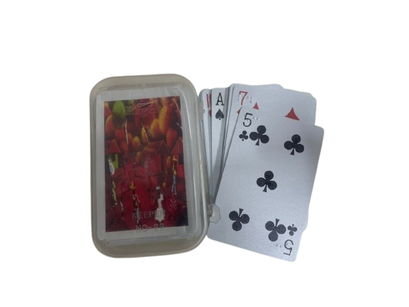 Deck of playing cards with some cards fanned out and placed next to a plasticstoragecase