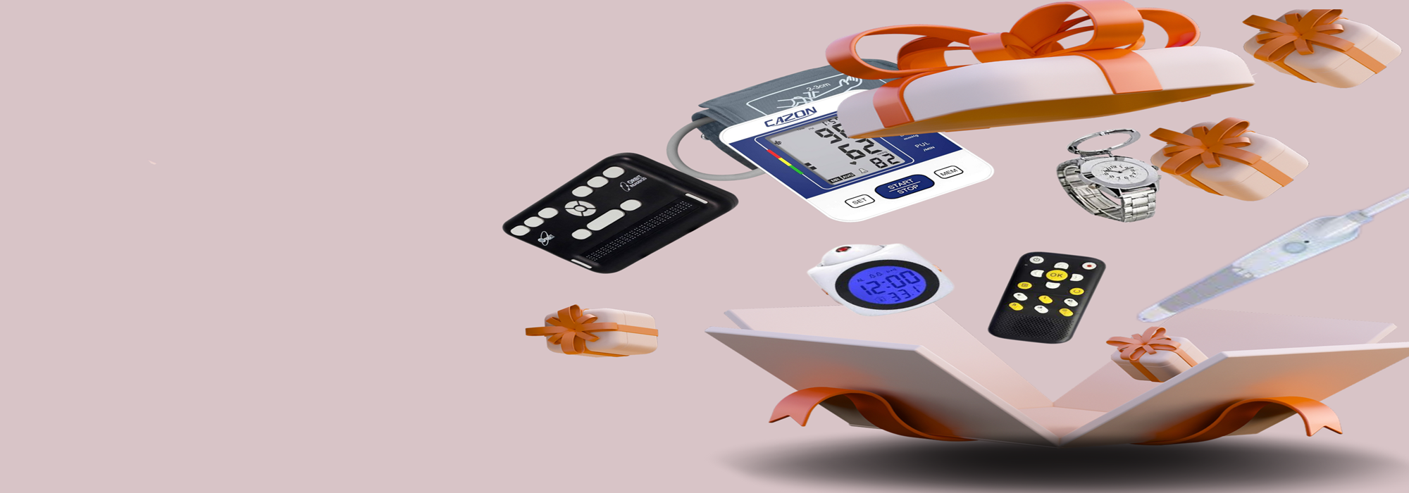 Various assistive technology devices for the blind, such as a braille display, talking clock, blood pressure monitor, a Wewalk Whitecane, and an EVO E-10, emerging from an open gift box with orange ribbon, symbolizing accessibility as a gift.
