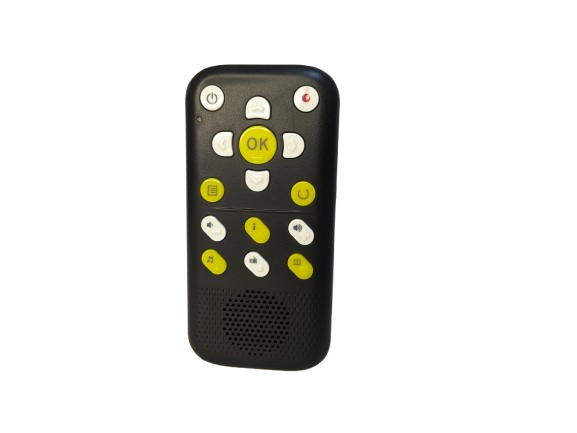 Accessible handheld remote device with a black body, featuring white and yellow tactile buttons arranged for easy navigation, designed for users with visual impairments.