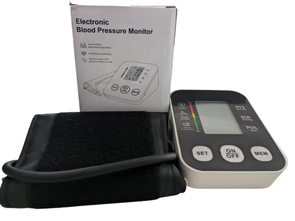 Electronic blood pressure monitor with a digital display and control buttons, accompanied by a black adjustable cuff and a packaging box showing product features and illustrations.