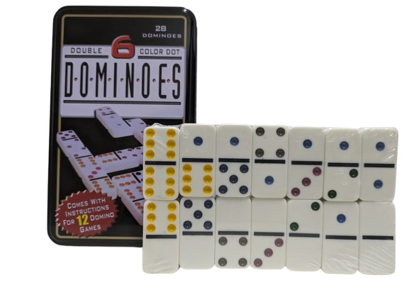 Double 6 Color Dot Dominoes" set, featuring 28 dominoes with color-coded dots. The packaging mentions that it includes instructions for 12 different domino games.